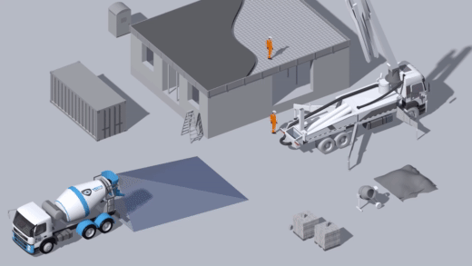 Grafisk animation av backning med betongbil och backkamera